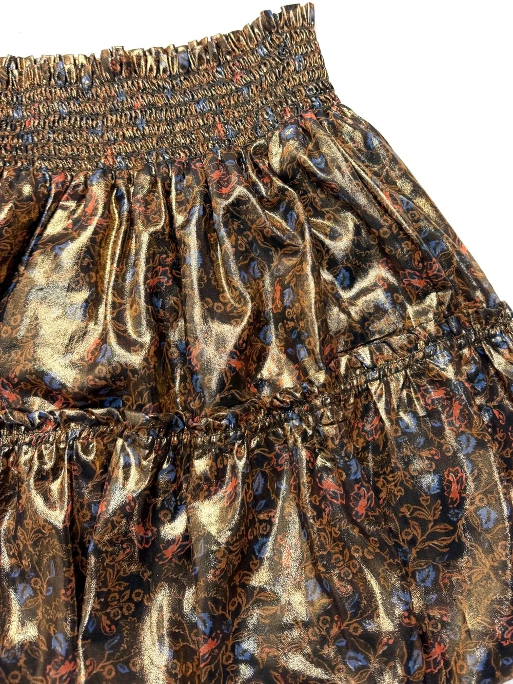 Free People In A Bubble Metallic Gold Floral Foil Print Tiered Mini Skirt